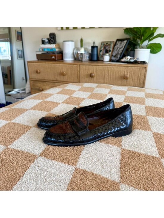 BRAGANO BY COLE HAAN ITALIAN BROWN BLACK BRAIDED LEATHER MENS LOAFERS 10 1/2 main image 4